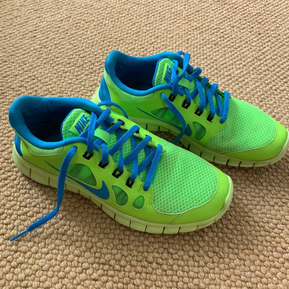 Neon Green & Blue Nike Free Running Sneakers Shoes